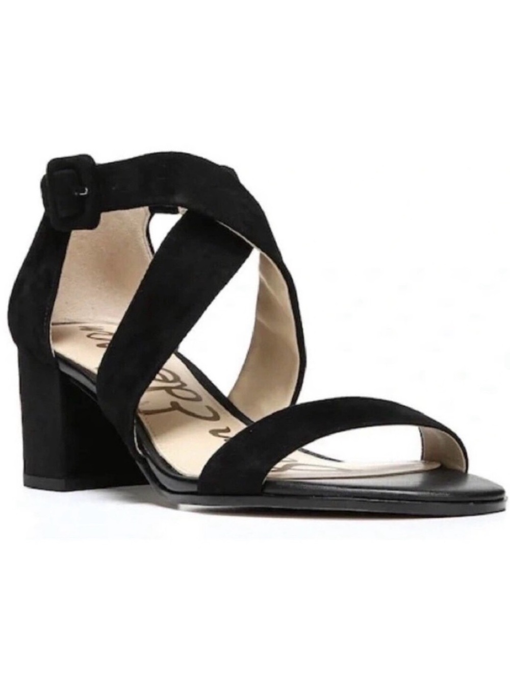 Sam Edelman 9.5 SONIA Black Ankle Strap Leather Suede Block Heel Sandal Open Toe